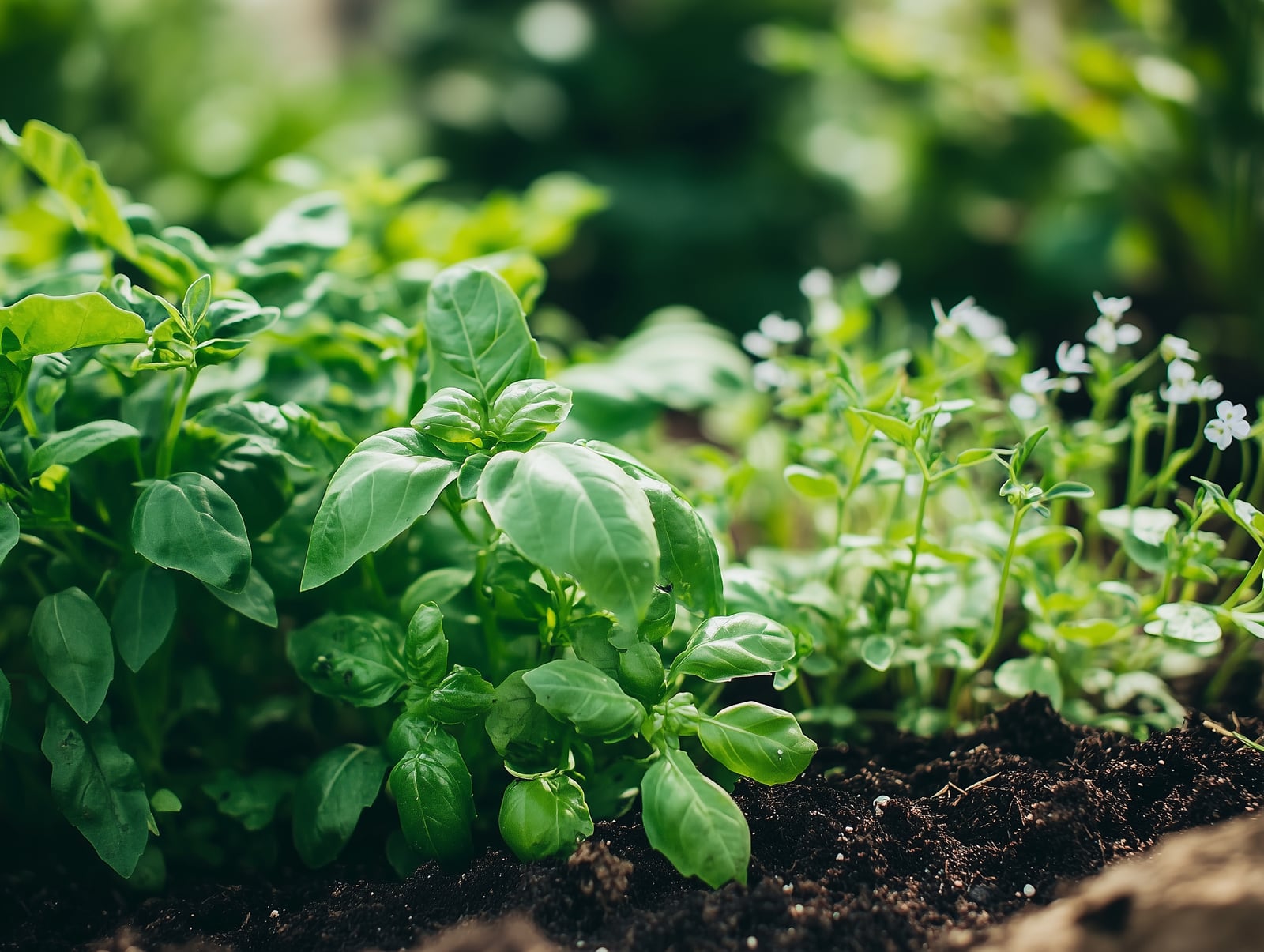 Basil and companion herbs growing together in dark garden soil