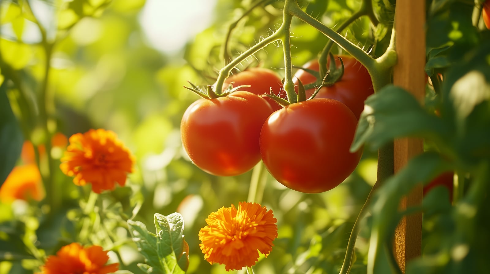 Tomatoes and marigolds growing together in a raised garden bed