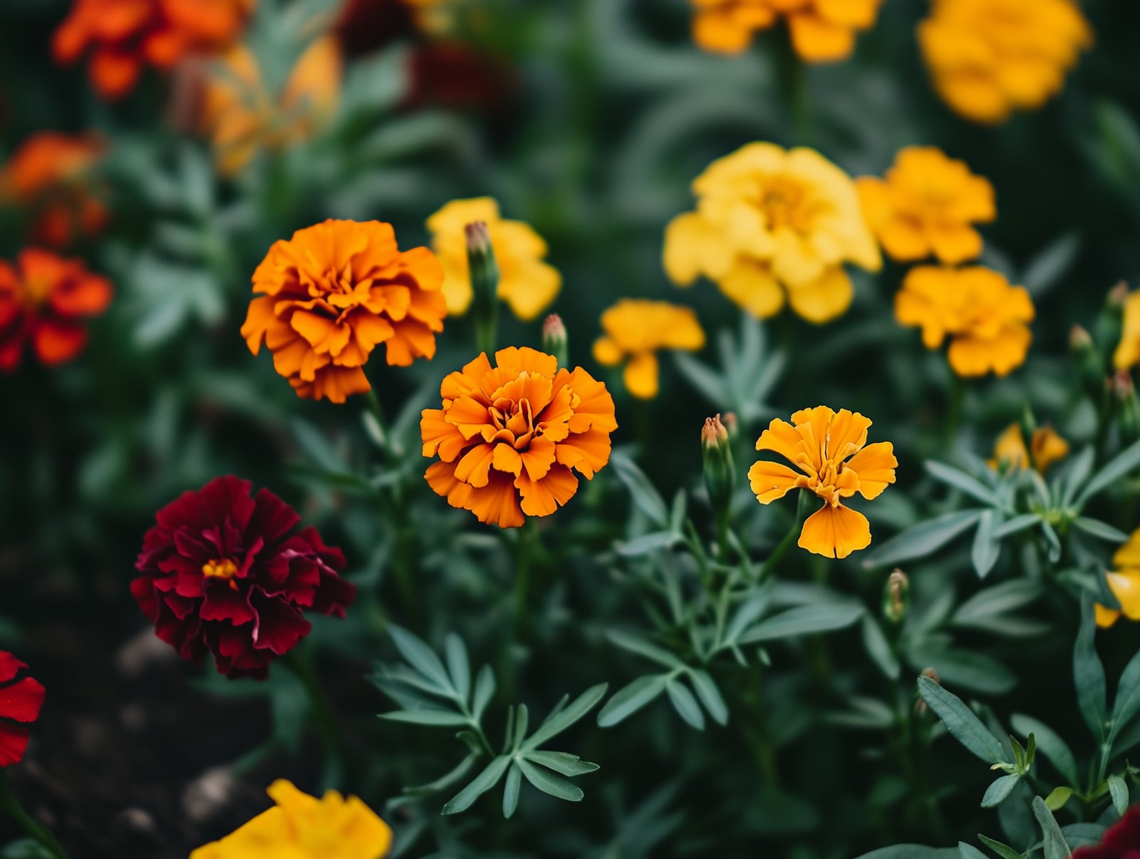 French marigolds in mixed colours growing in a garden bed
