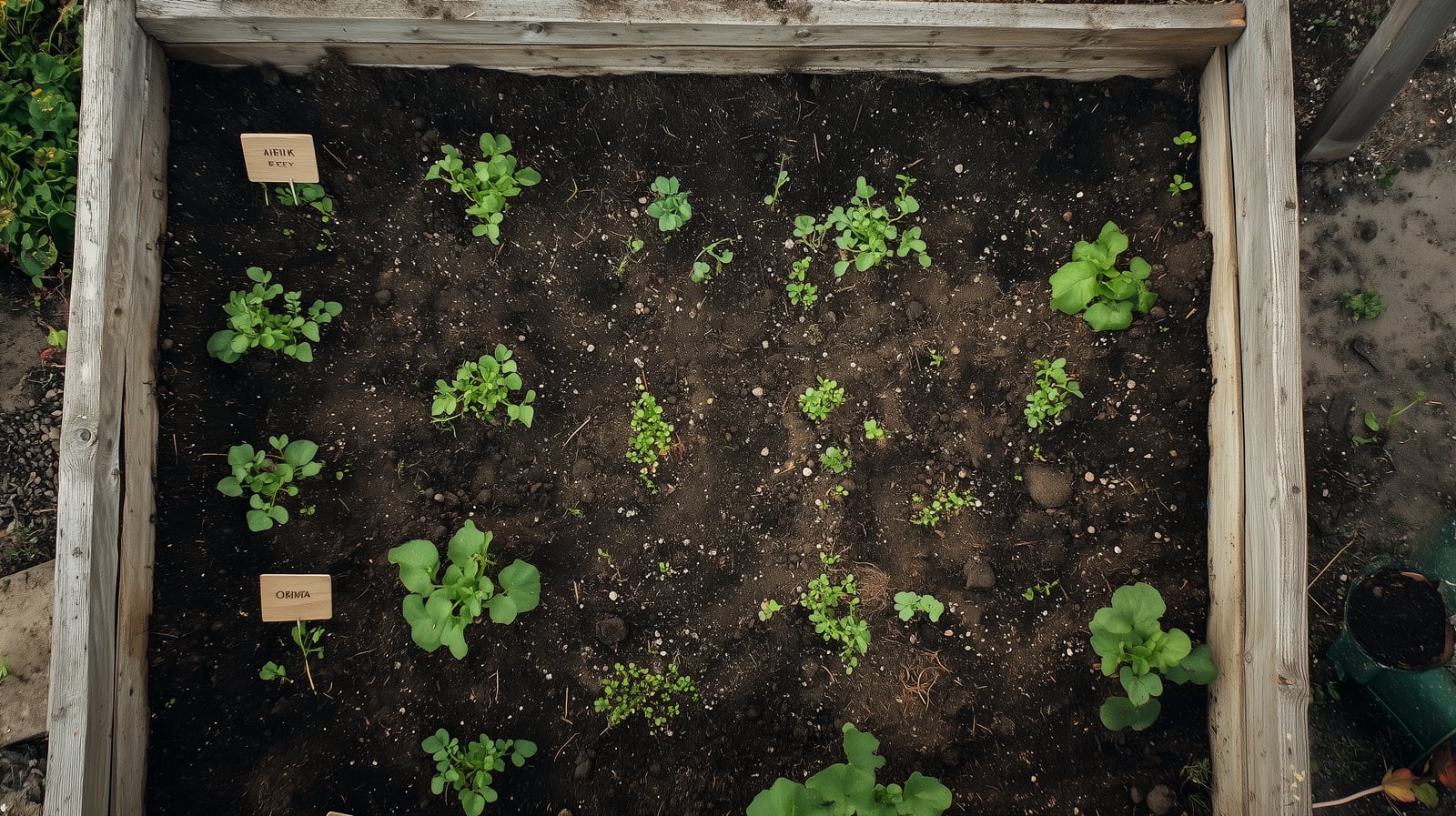 Overhead view of a raised bed with direct-sown seedlings emerging