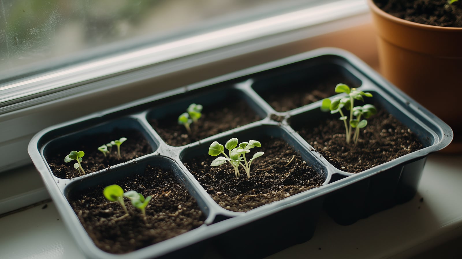 Seedlings growing in a tray on a sunny windowsill
