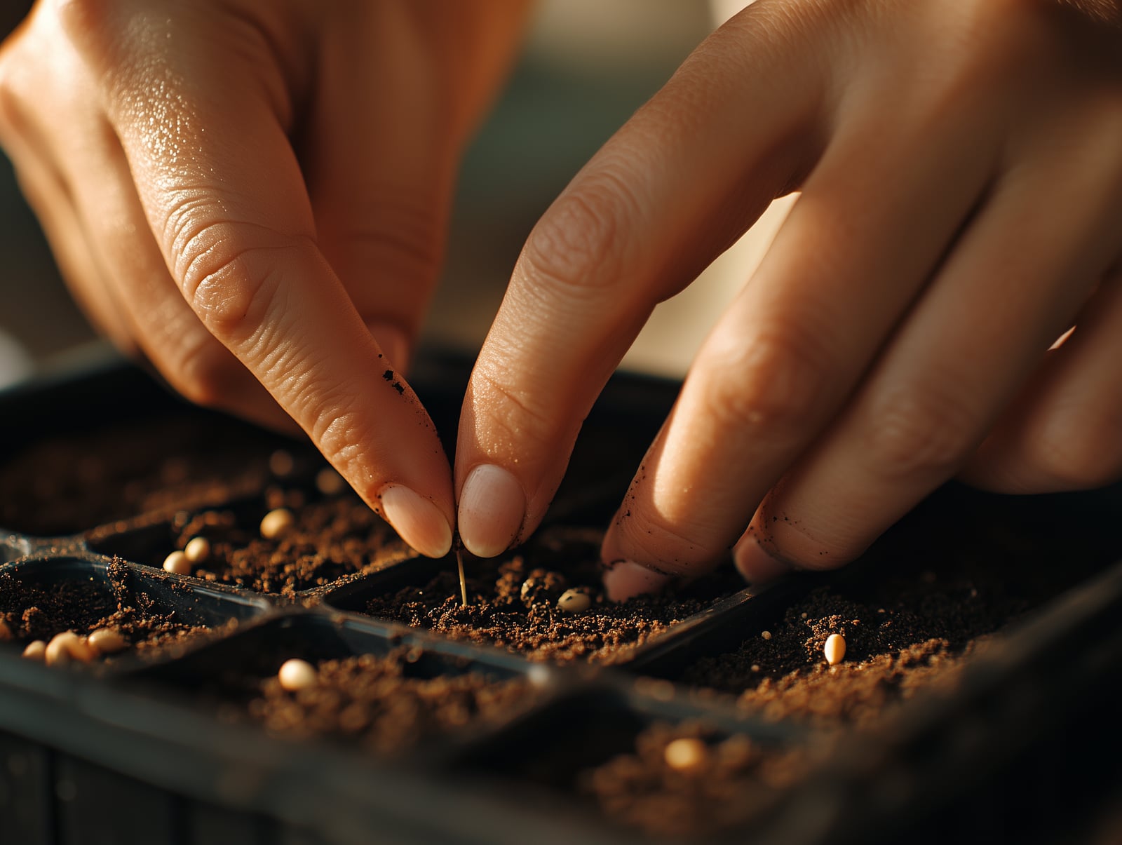 Hands pressing seeds into a seed starting tray