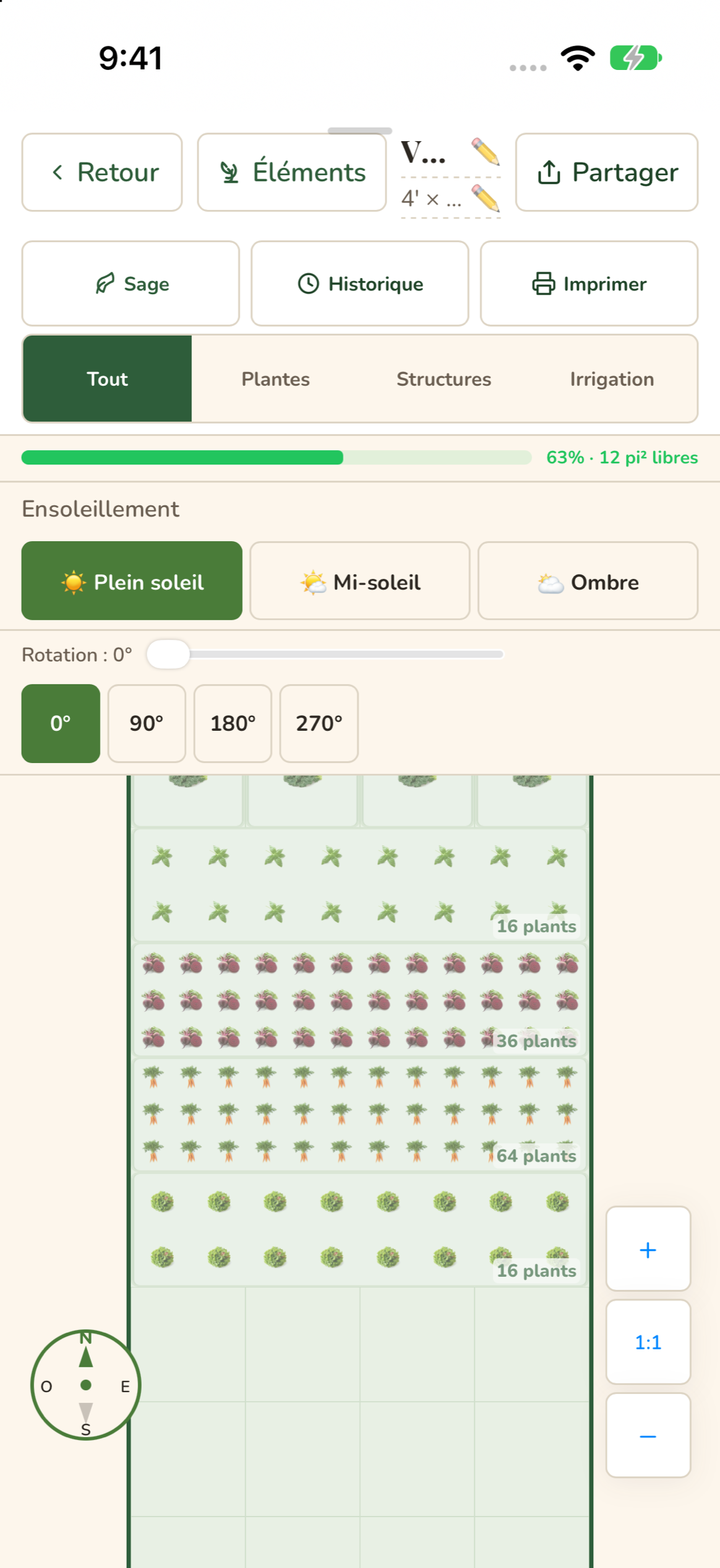 Le plan d'un bac de 4 pi sur 8 dans GrowSmart, avec les cases libres et le nombre de plants