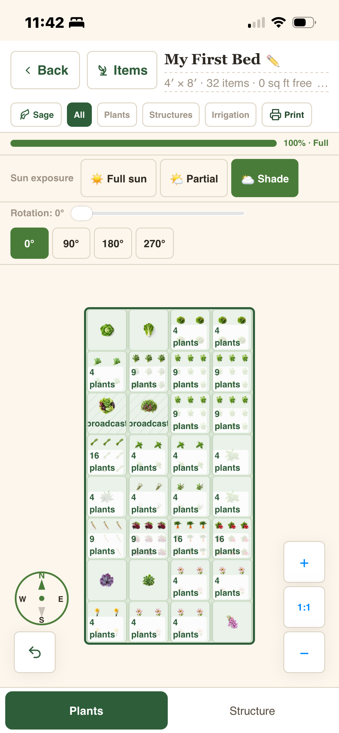Sage designs a companion-planted 4 by 8 garden bed with 32 items