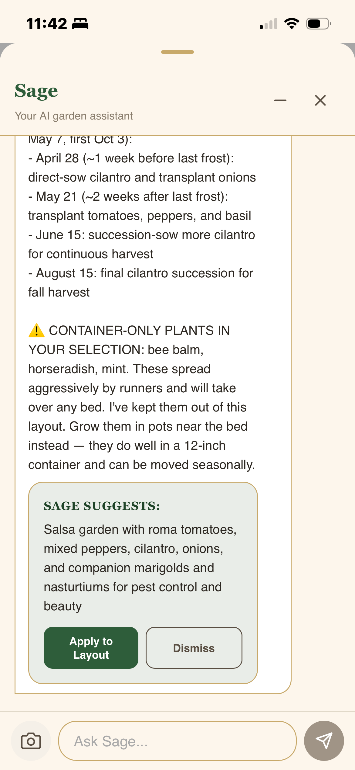 Sage suggests a beginner-friendly layout with apply and dismiss options